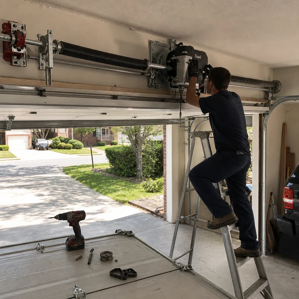 Technician performing professional garage door opener repair and installation.