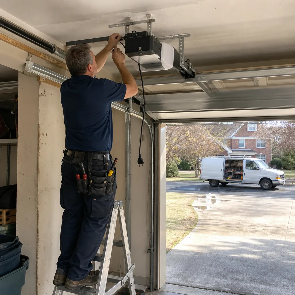 Technician performing professional garage door opener repair and installation