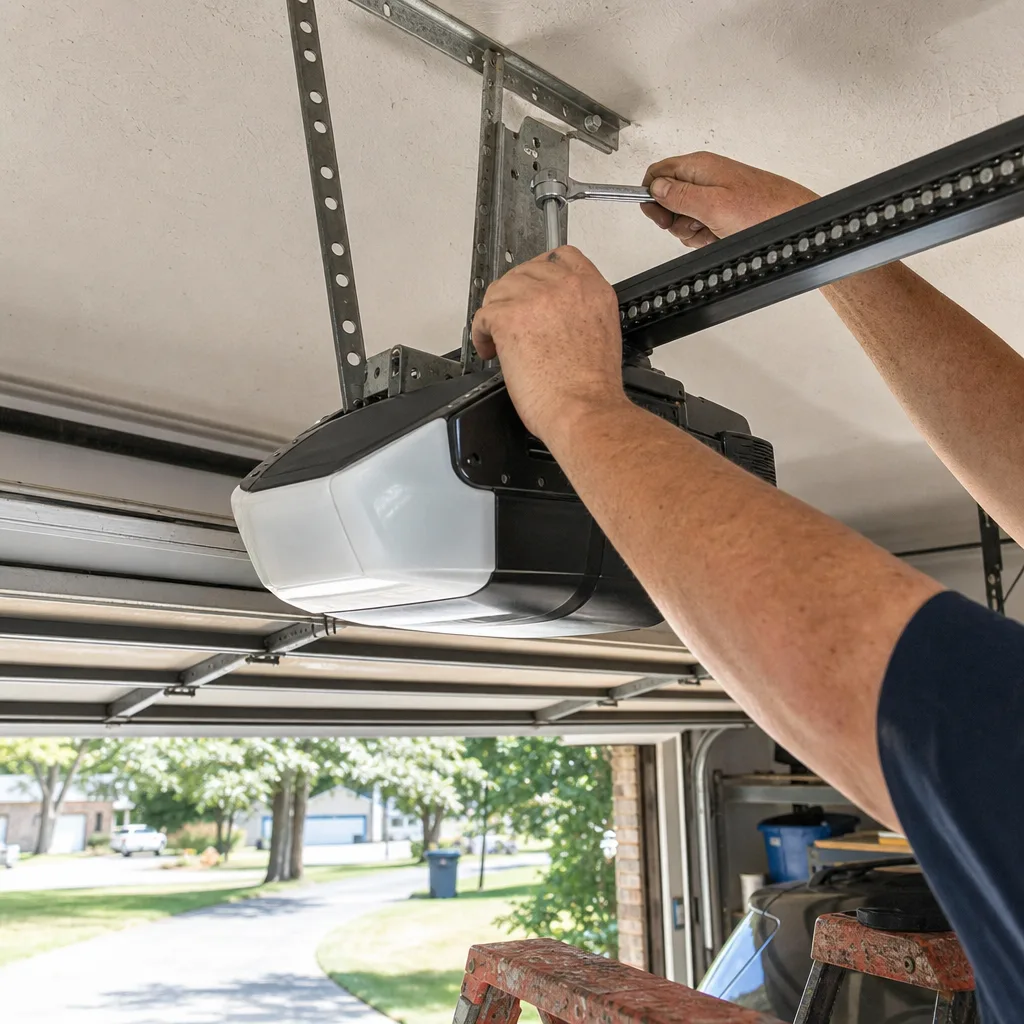Technician performing garage door opener repair and installation
