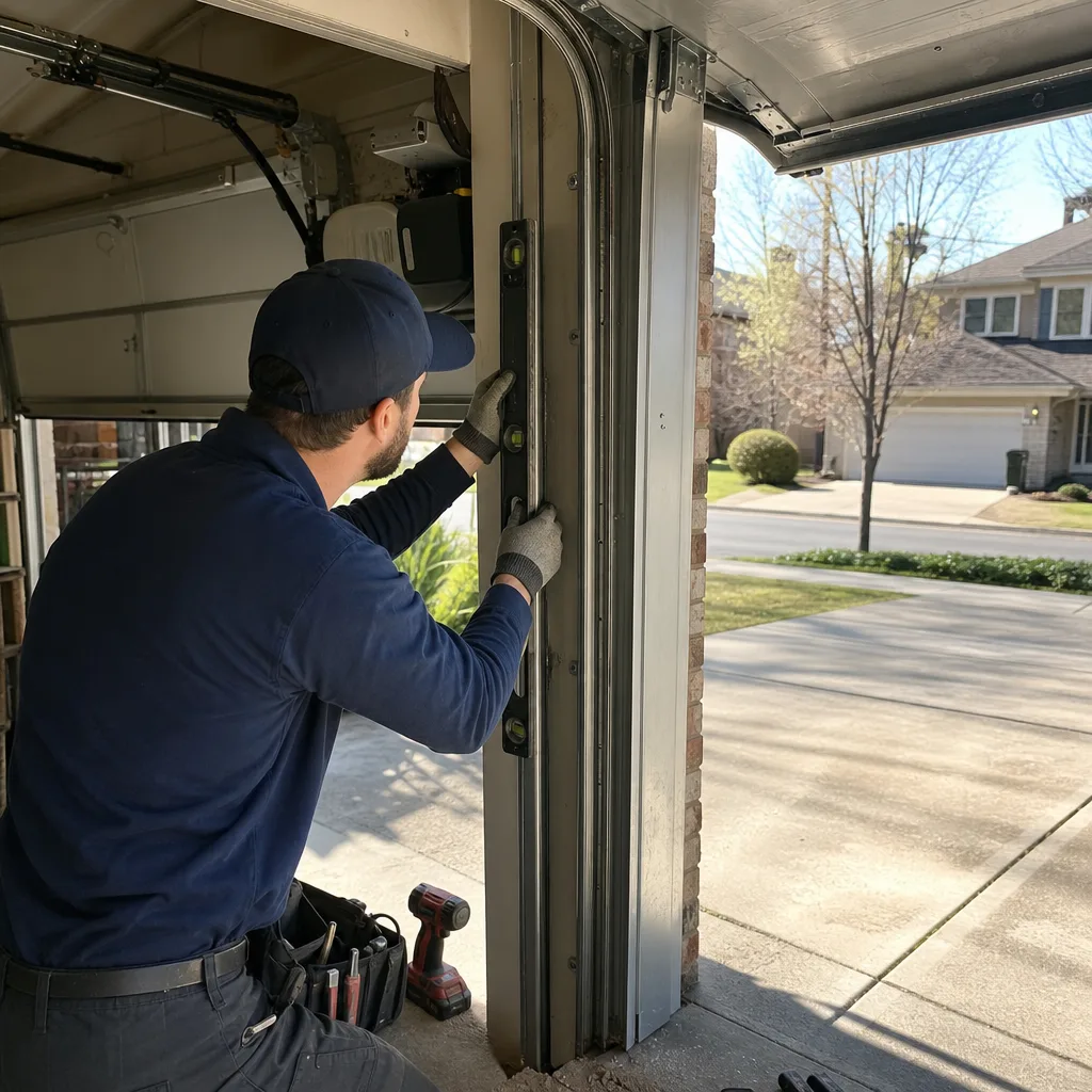 Technician using a level to adjust a garage door track
