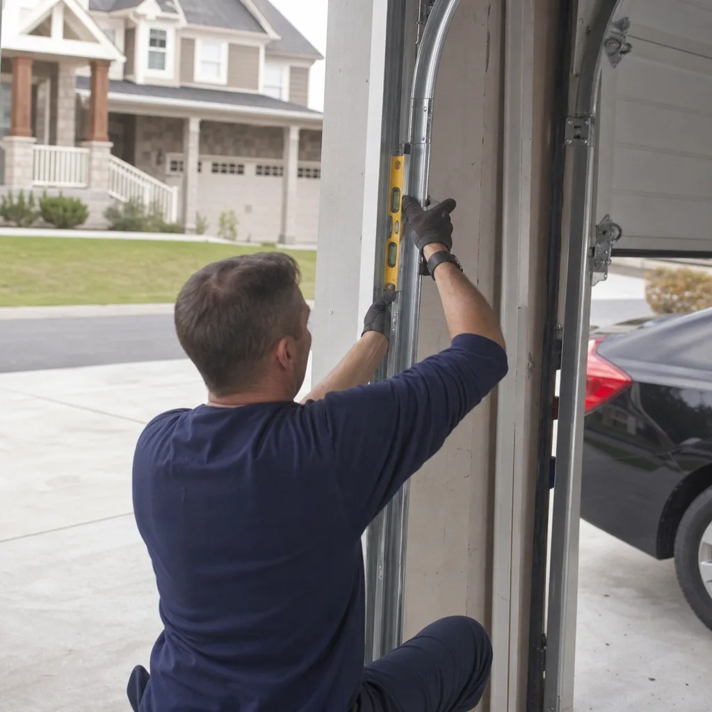 Technician using a level to repair a residential garage door track