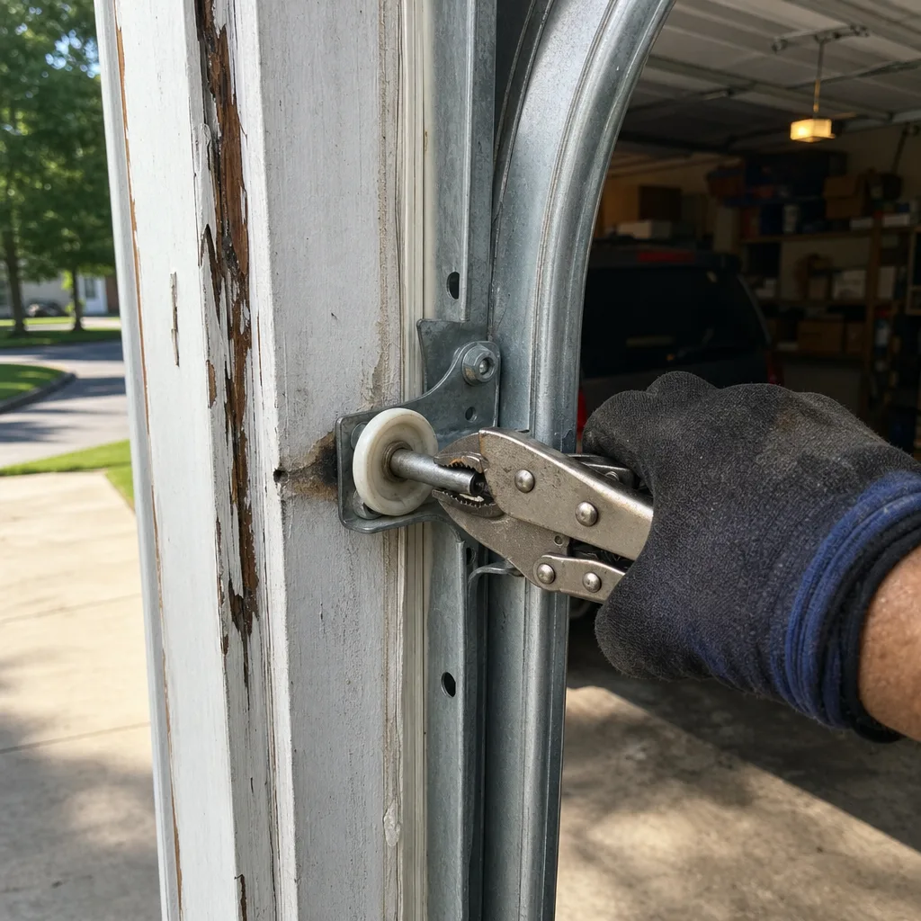 Professional repairing a garage door roller on a home door track
