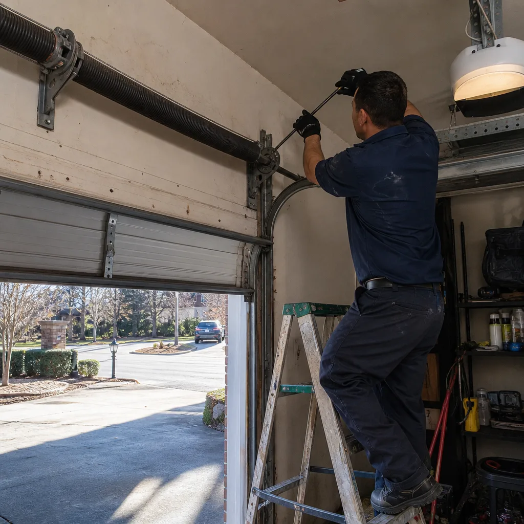 Technician performing emergency garage door spring repair and maintenance in Marietta, GA