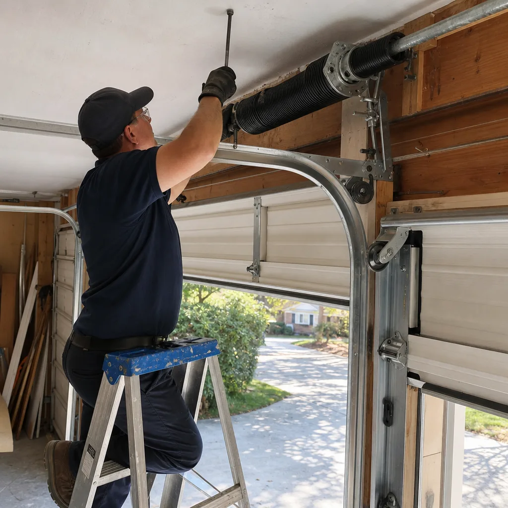 Technician performing emergency garage door torsion spring repair on a ladder in Marietta, GA
