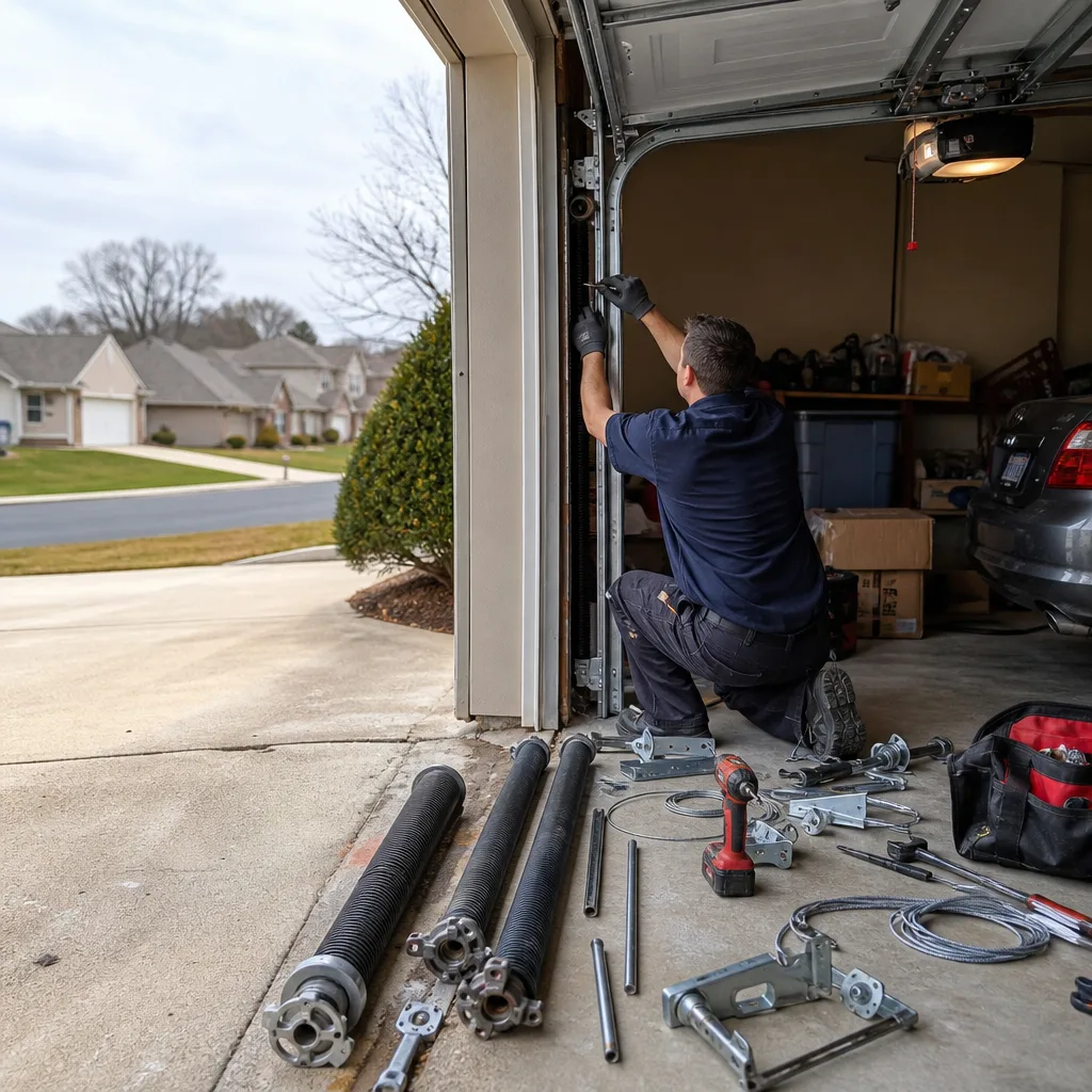 Technician performing professional garage door repair and parts replacement in Marietta, GA