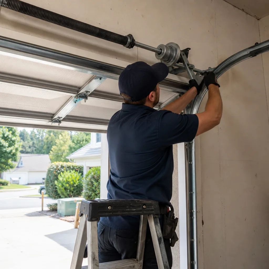 Technician performing garage door maintenance and repair on a residential door in Marietta, GA